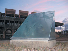 Birds in flight, Andrew Verster, 1987, etched sand-blasted glass roof light